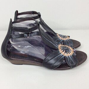 Pikalinos Floral Gladiator Wedge Heel Sandals Womens Size 39 / 8.5 Black Leather